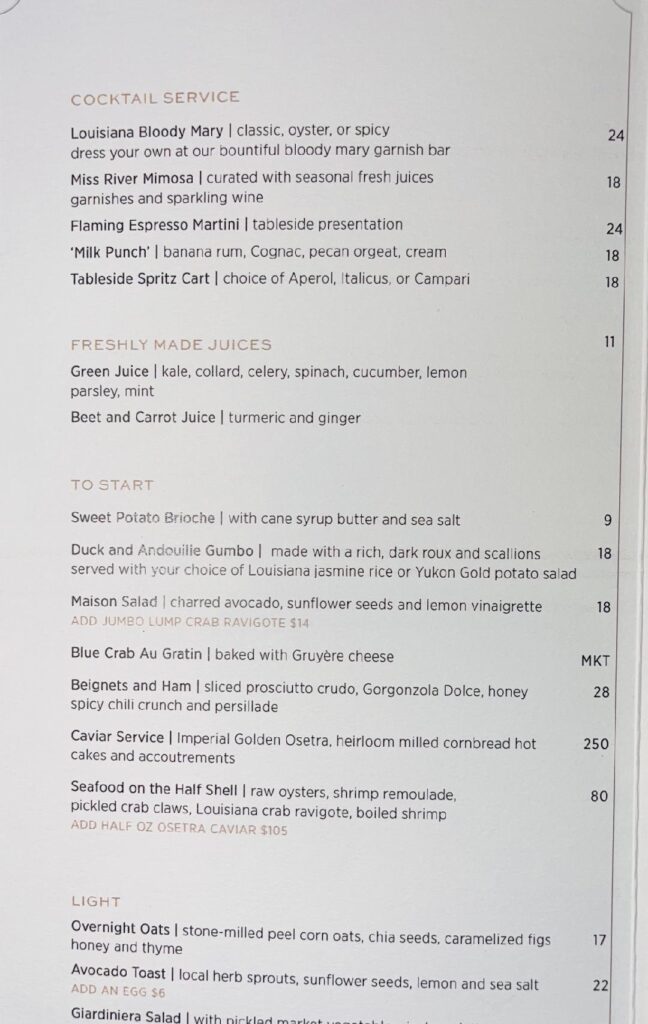 Miss River Menu